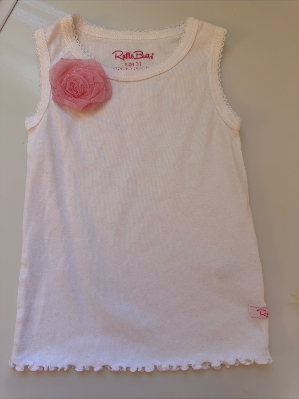 RuffleButts White Ribbed Tank Top with Pink Chiffon Rose - Size 3T